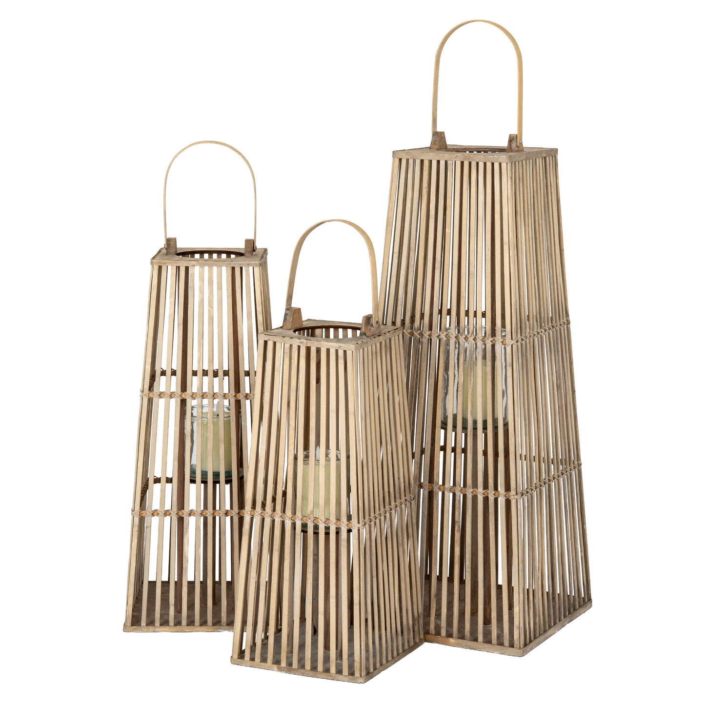 Three nested bamboo lanterns in graduated sizes, each with a curved bamboo handle and a clear glass candle holder containing a cream-colored candle, set against a plain white background.