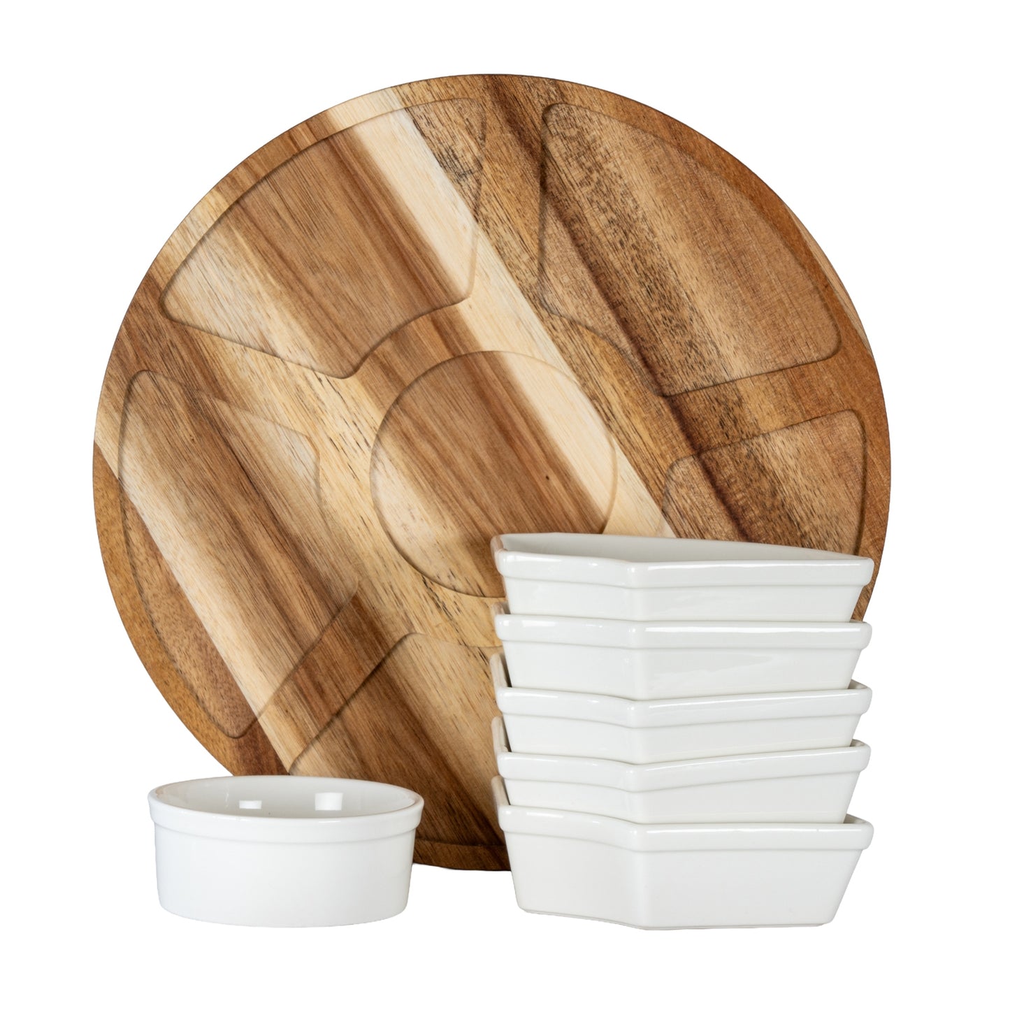 Acacia wood Lazy Susan Round Serving Board with Ceramic Serving Bowls