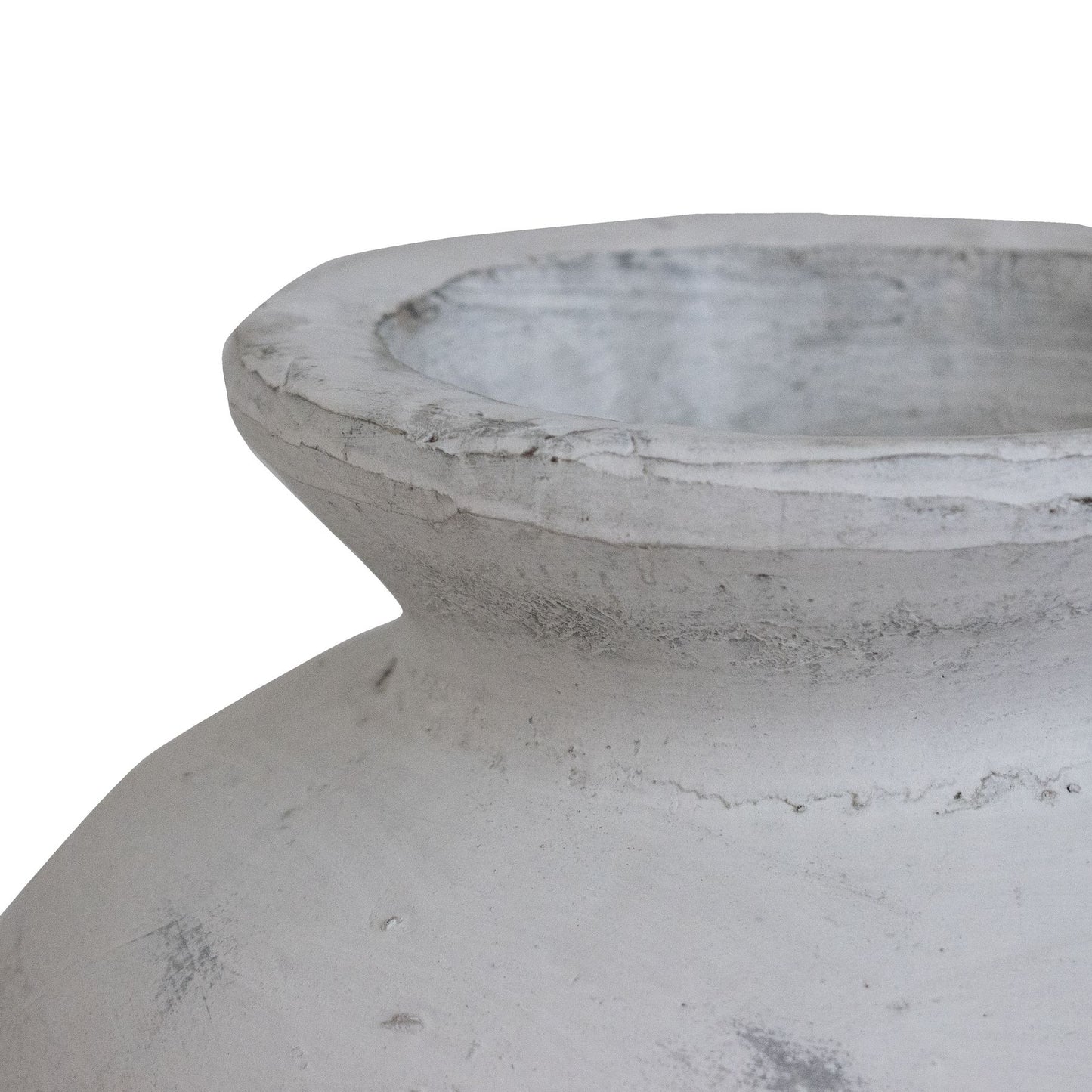 Close-up of a white darcy textured stone vase on a white background