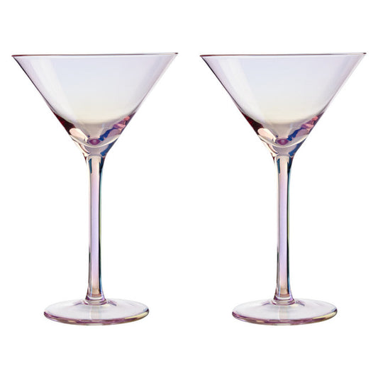 Two iridescent martini glasses on a white background