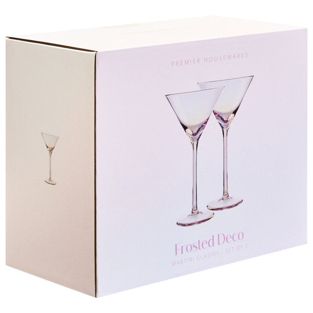 Box of Frosted Deco martini glasses with a decorative pattern on a white background