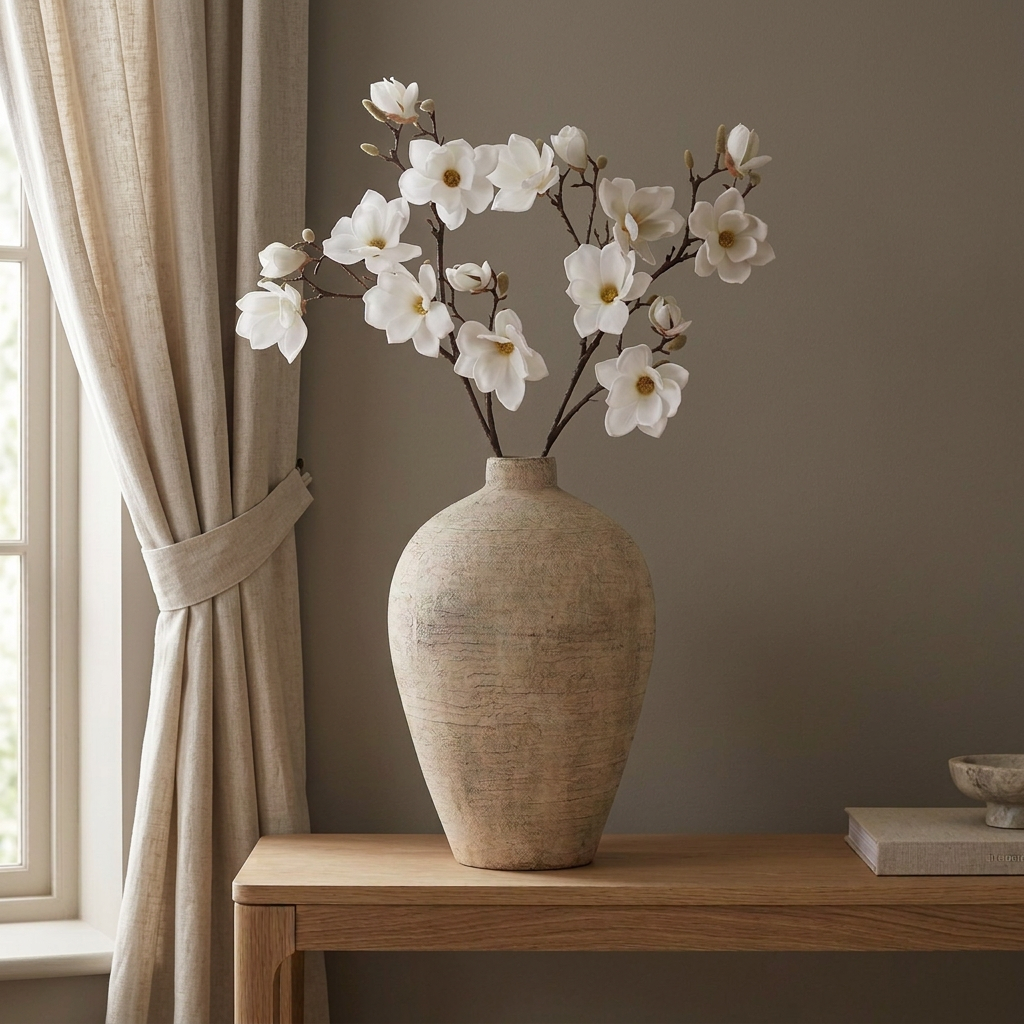 Decorative vase with white flowers on a wooden table against a neutral wall.
