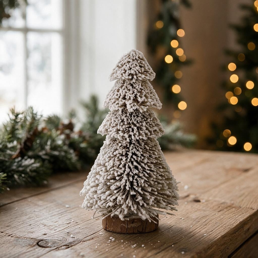 Frosted tiered snowy brush tree on a rustic wooden surface with warm bokeh Christmas lights in the background