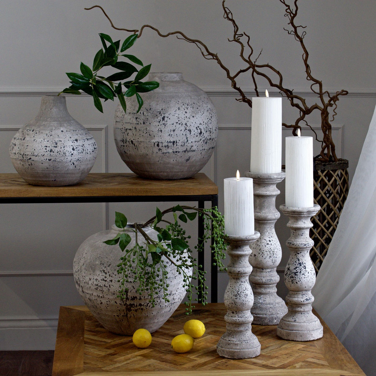 ceramic rustic vases and candlesticks with twisted hazel branches