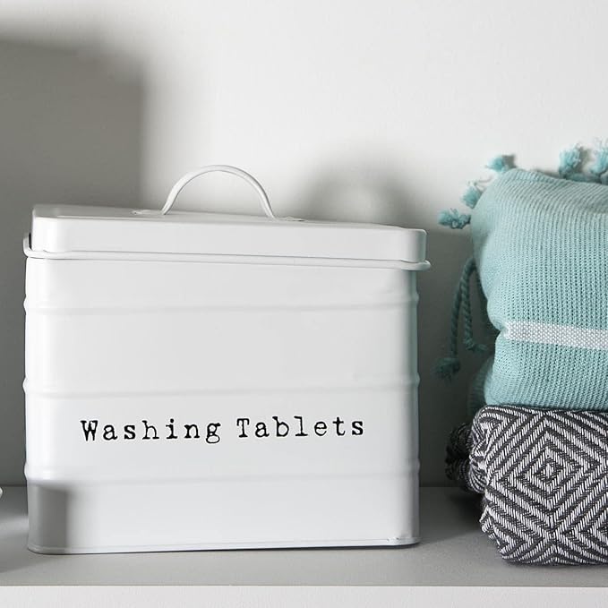 Vintage Metal Washing Tablets Storage Tin - Cream, White or Black