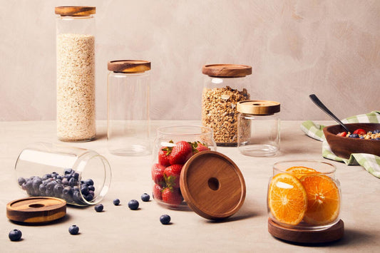 Kitchen acacia wood storage jars