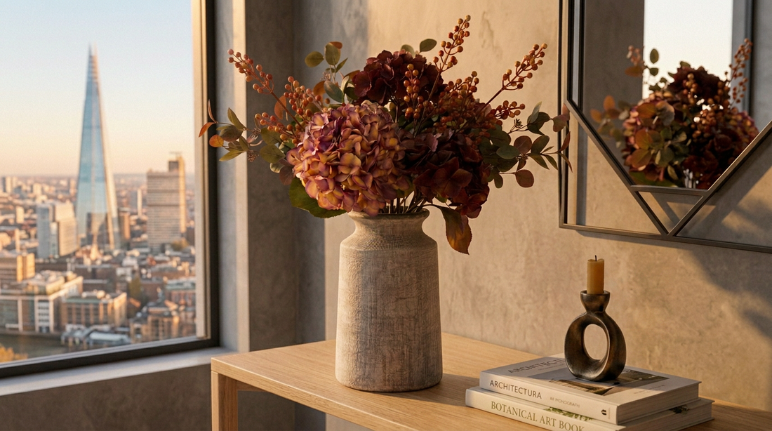 Autumn artificial flowers styled in stone vase on a console table — rich burgundy and amber seasonal arrangement