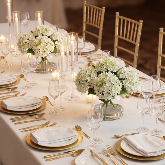 luxury dining tablescape setting with gold cutlery and gold charger plates and white hydrangea centrepieces