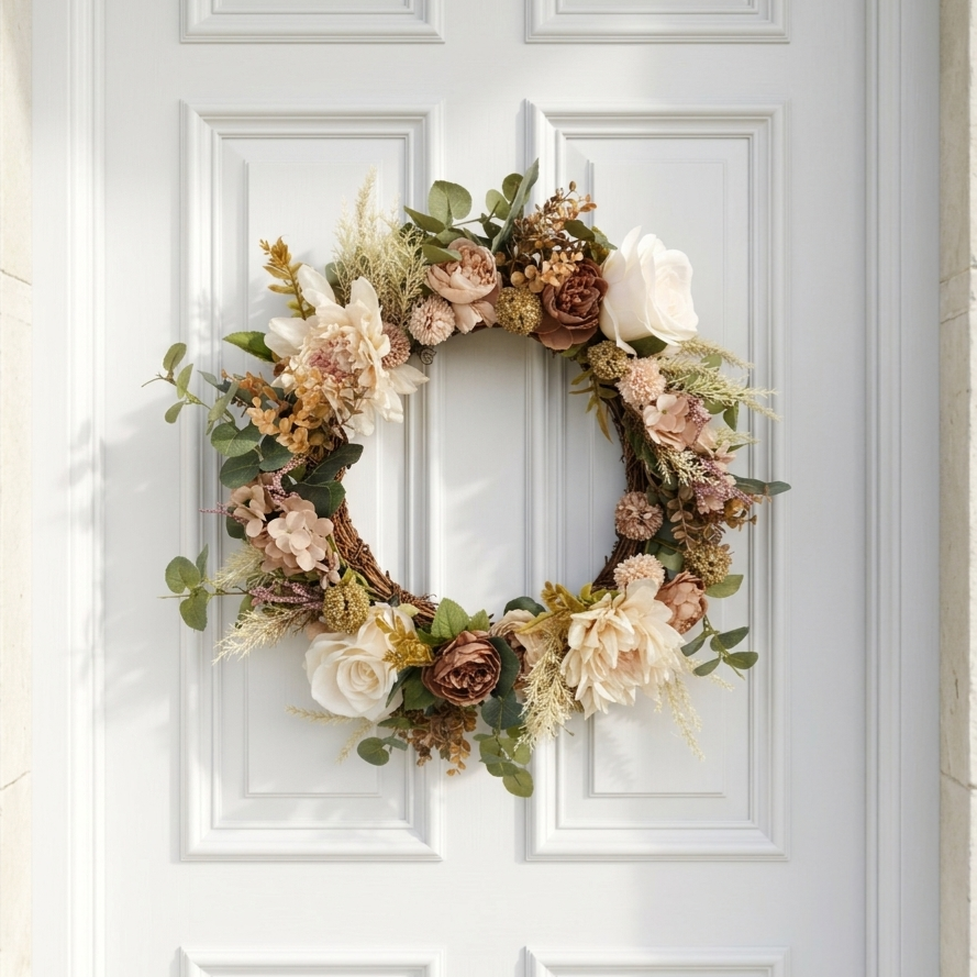 Handmade dusky rose and mocha faux wreath on a white front door - Artanna