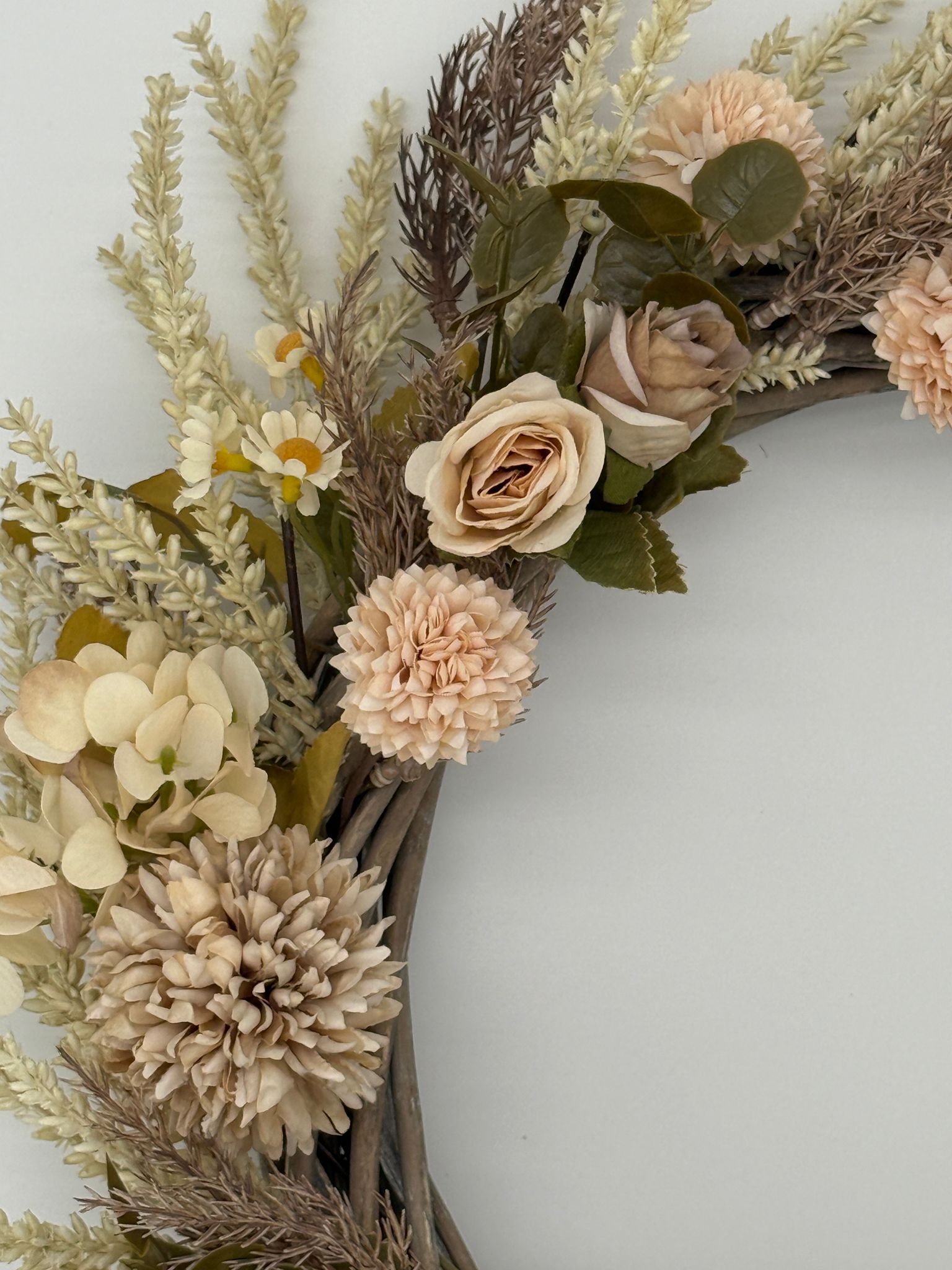 Ivory Fields Floral Wreath – Neutral Beige & Cream Wreath with Wheatgrass image 3