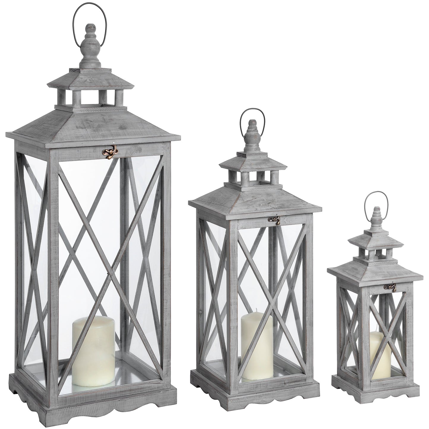 Set Of Three Wooden Lanterns With Traditional Cross Section image 0