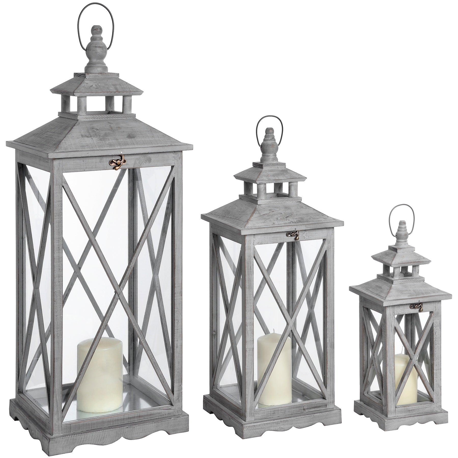 Set Of Three Wooden Lanterns With Traditional Cross Section image 0