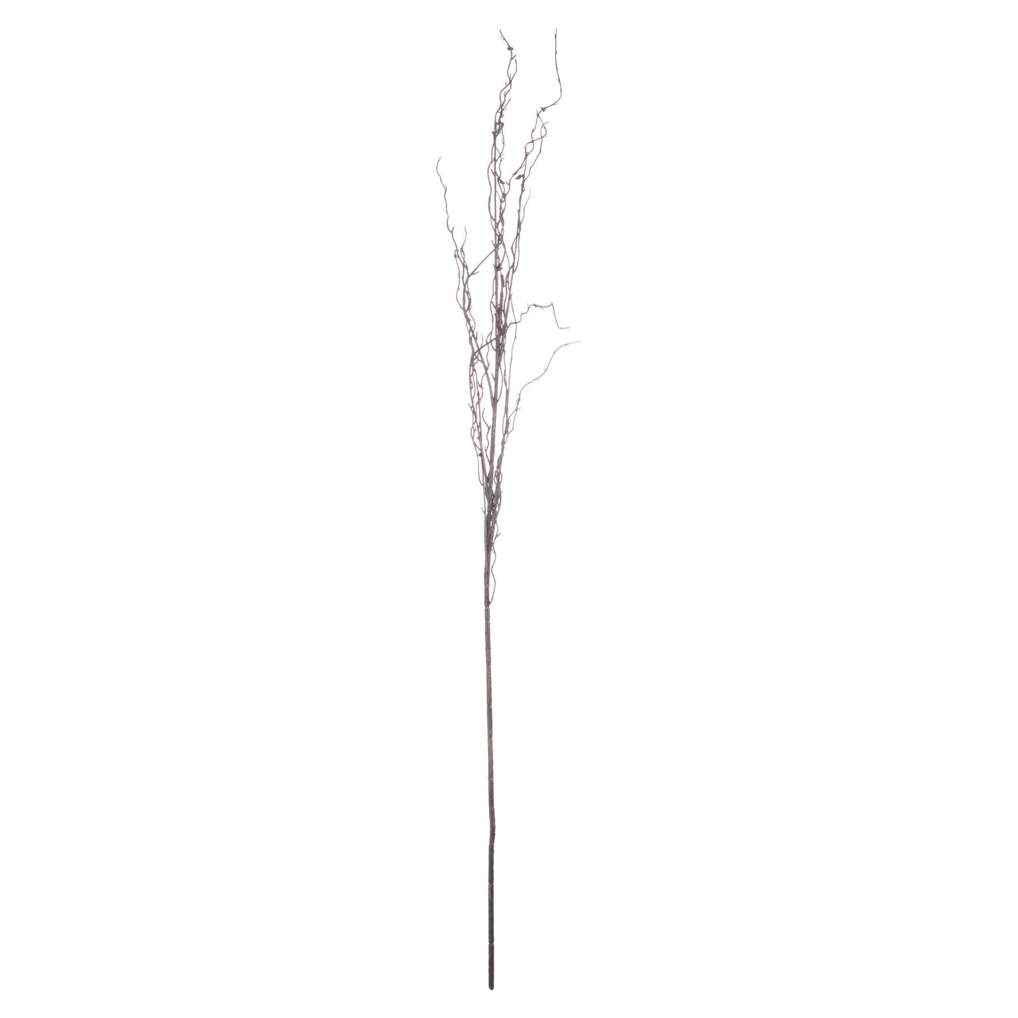 A single decorative artificial branch with a long dark brown stem and delicate thin twigs branching near the top, shown against a plain white background.