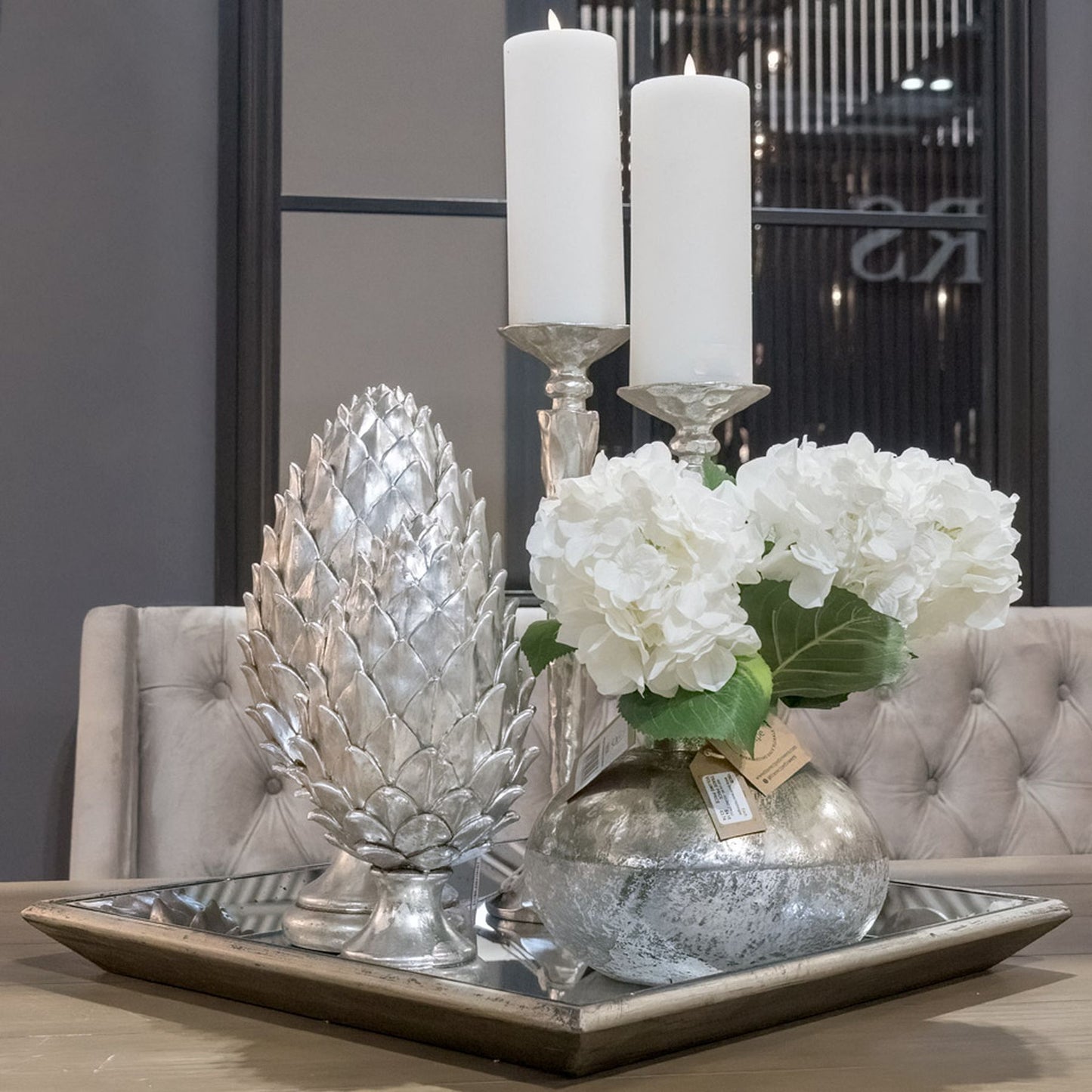 Astor Distressed Mirrored Square Tray W/Wooden Detailing Sml