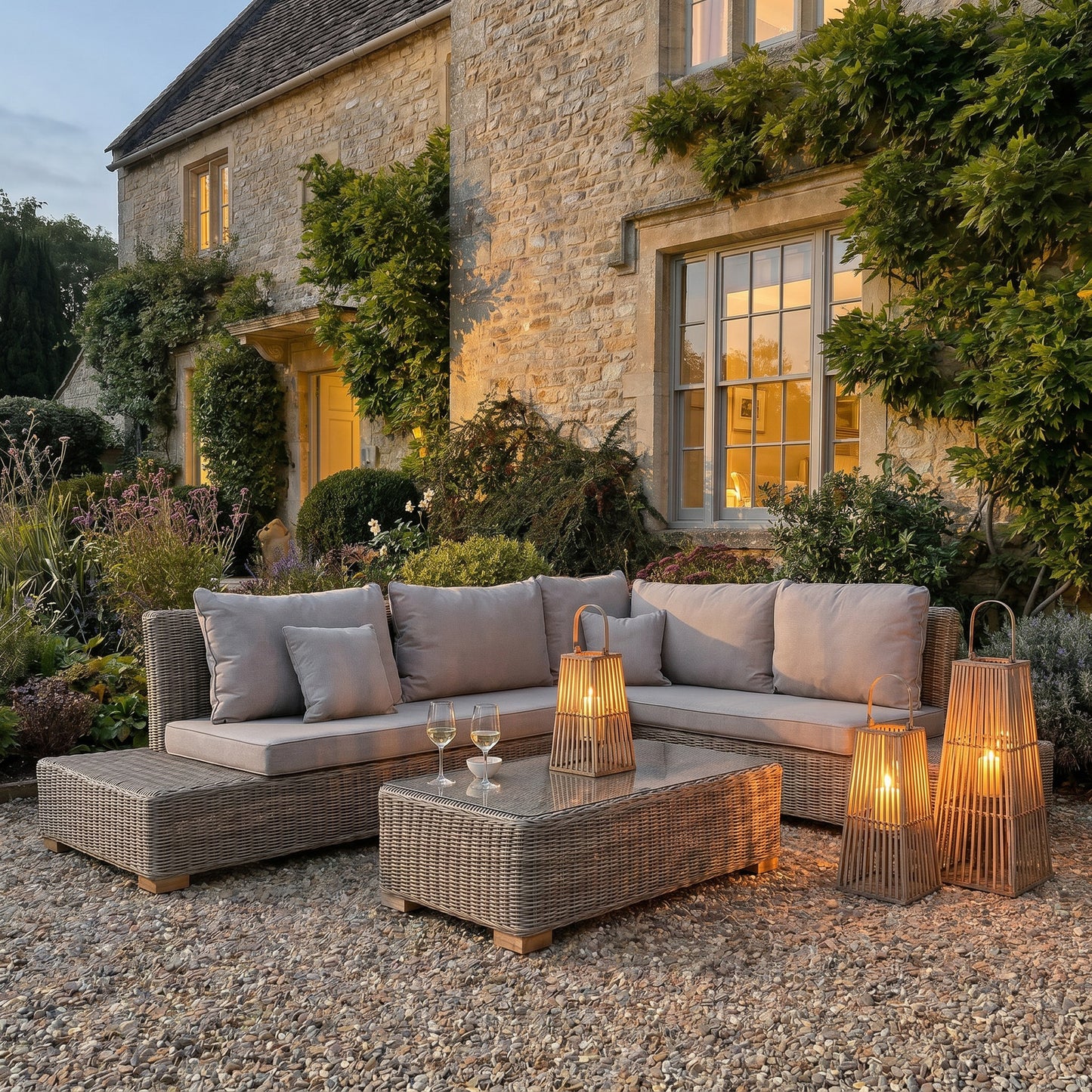 Outdoor patio set with cushions in front of a stone building and rattan lanterns summer garden decor