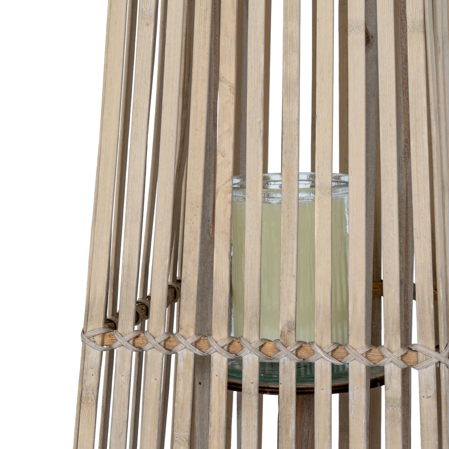 Wooden lantern close up with a woven top on a white background