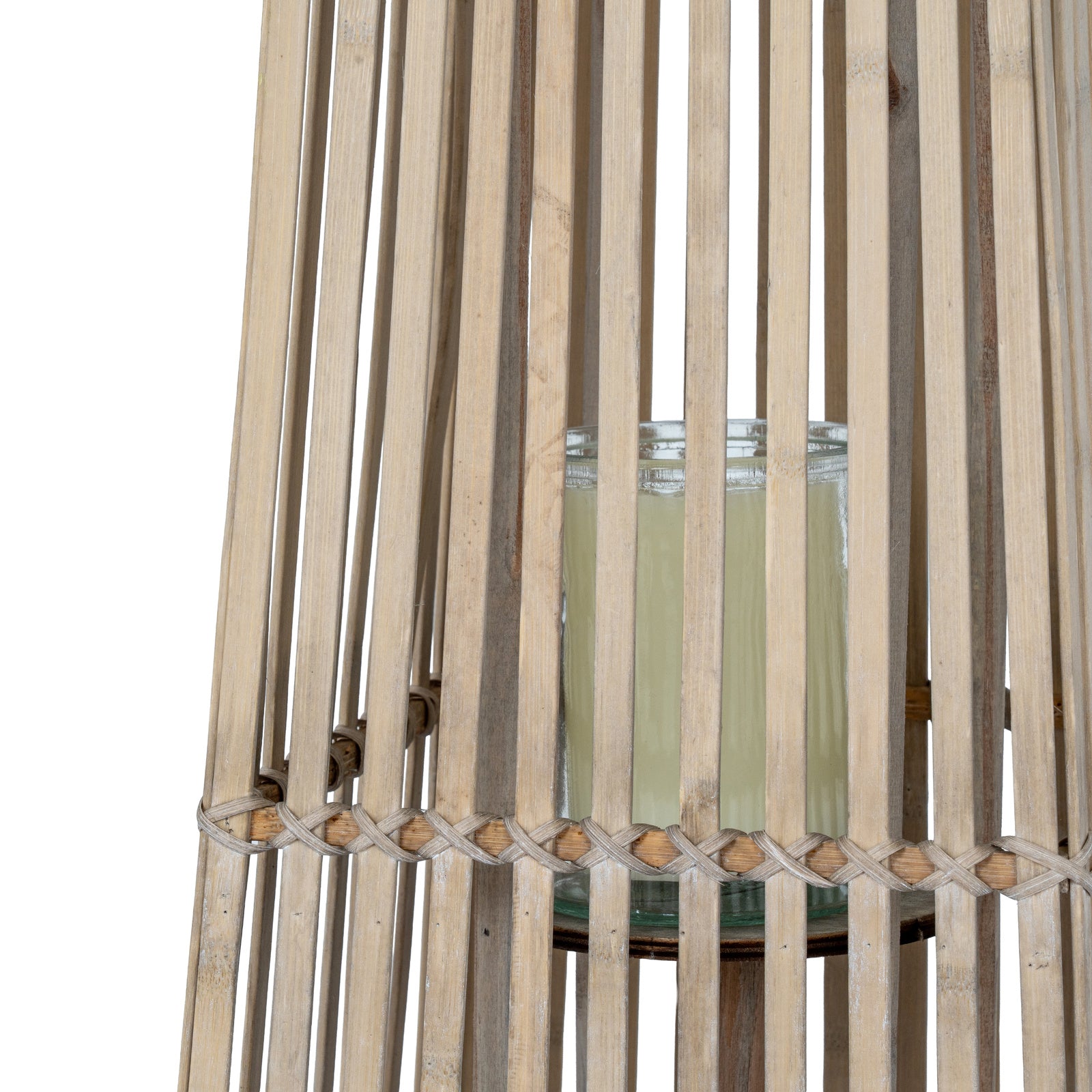 Wooden lantern close up with a woven top on a white background