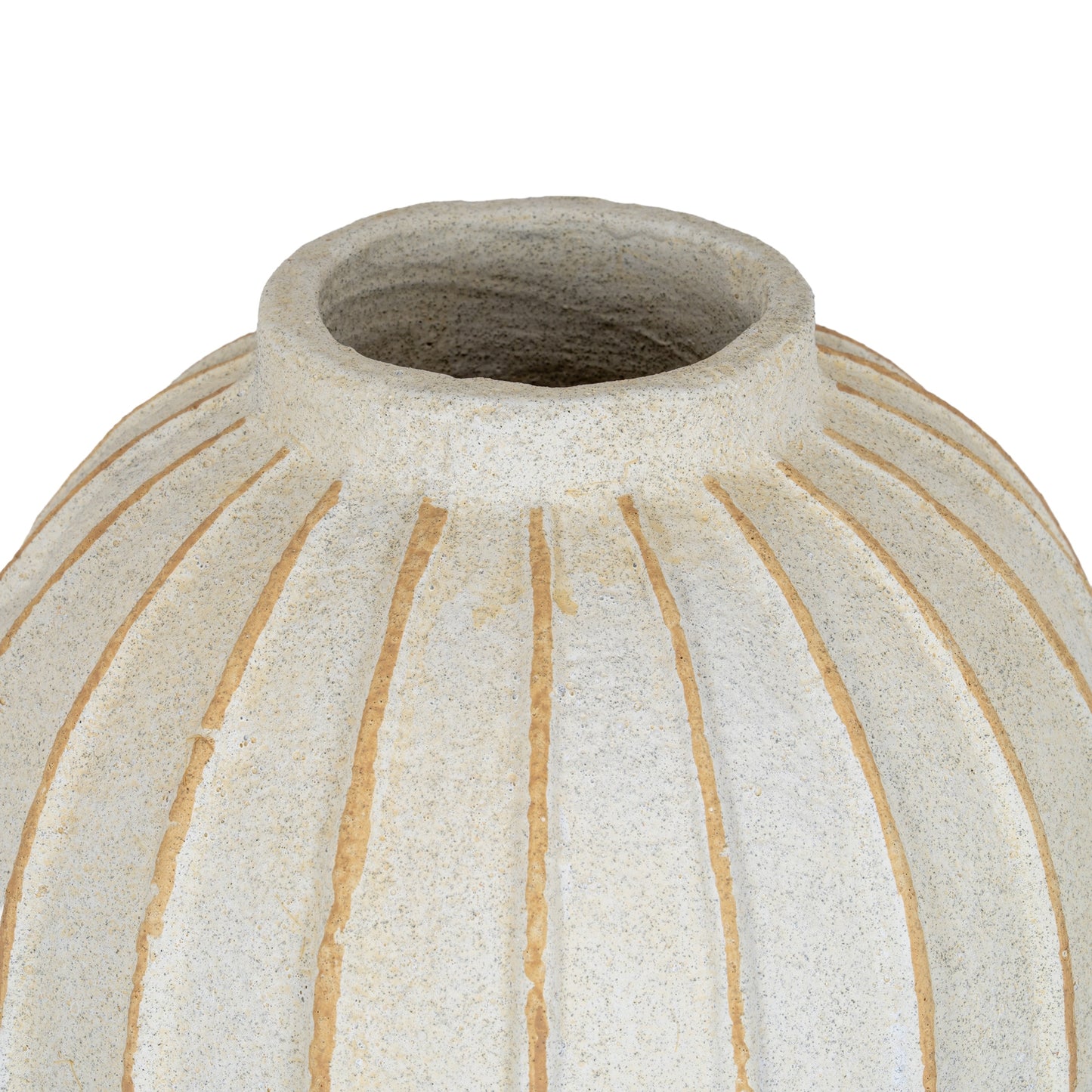 Ceramic vase wide neck with ribbed texture and gold accents on a white background