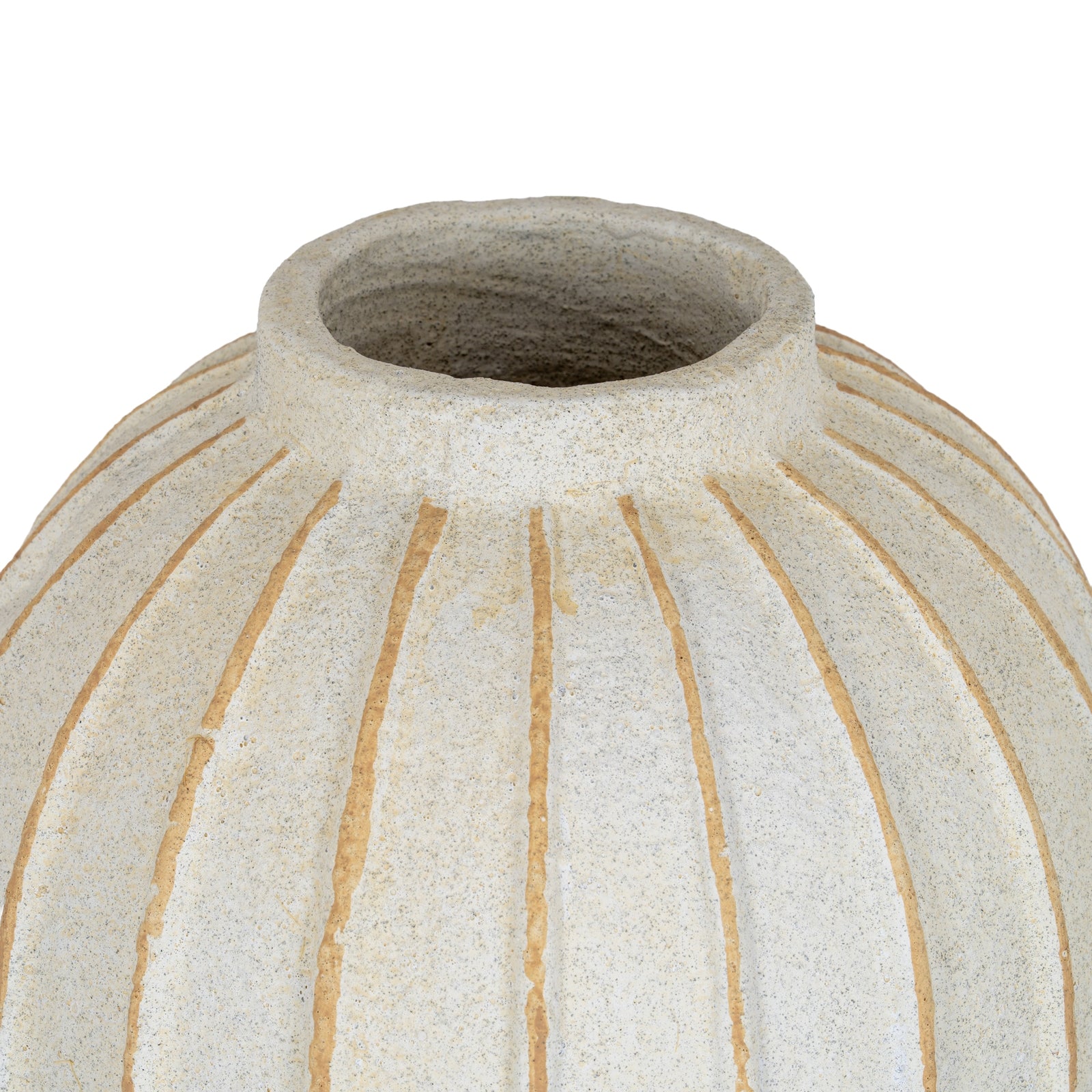 Ceramic vase wide neck with ribbed texture and gold accents on a white background