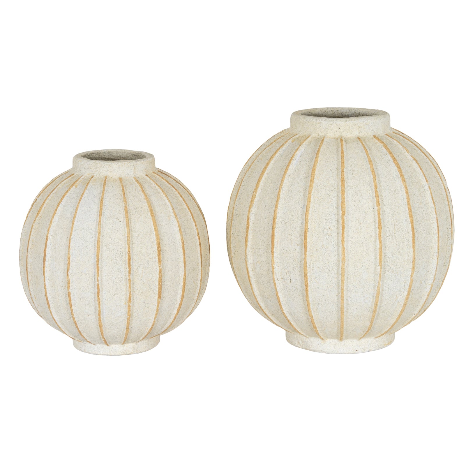 Two spherical vases with ribbed texture and gold accents on a white background