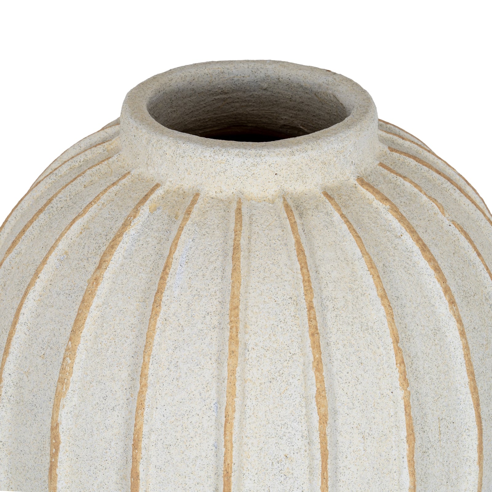 Close-up of a textured ceramic vase with ribbed design on a white background