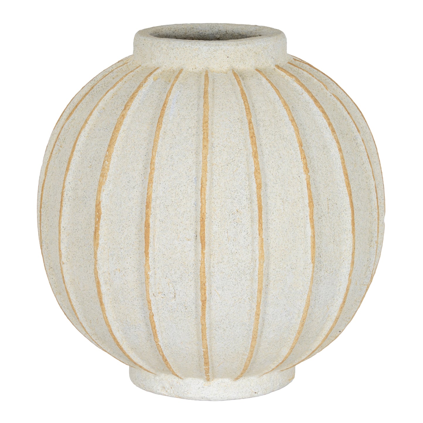 Decorative vase with ribbed texture and gold accents on a white background