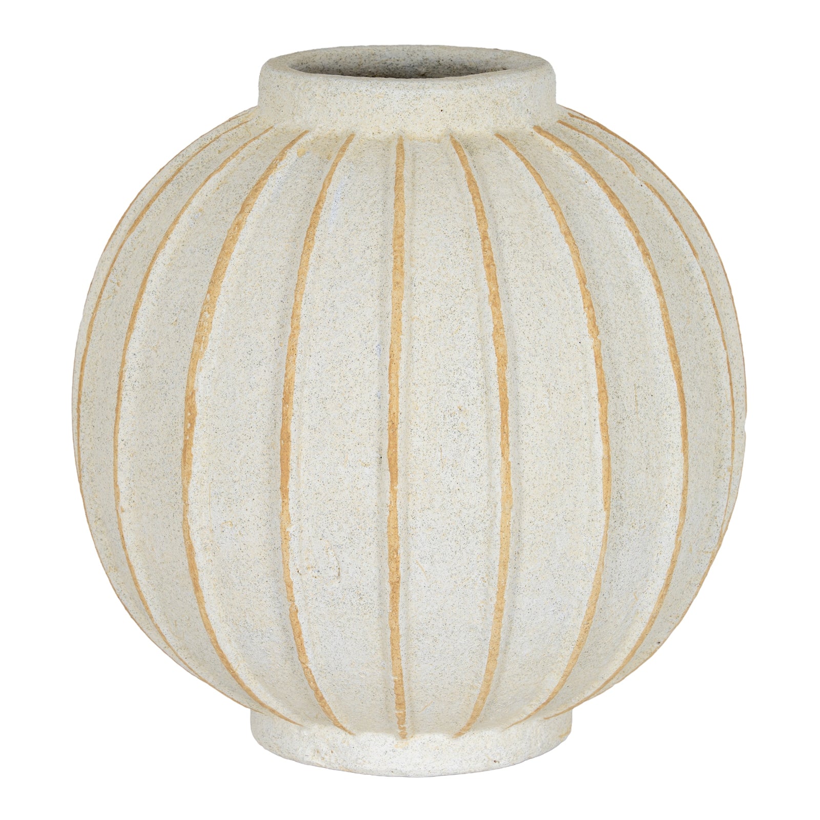 Decorative vase with ribbed texture and gold accents on a white background