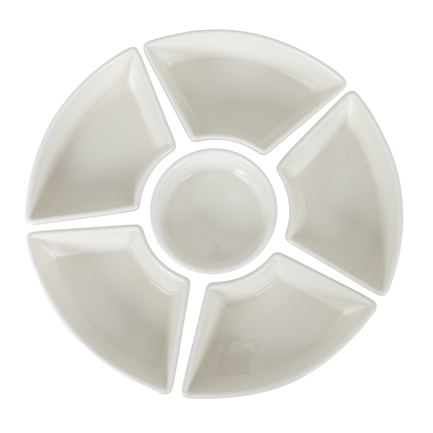 White ceramic dish with five compartments on a white background