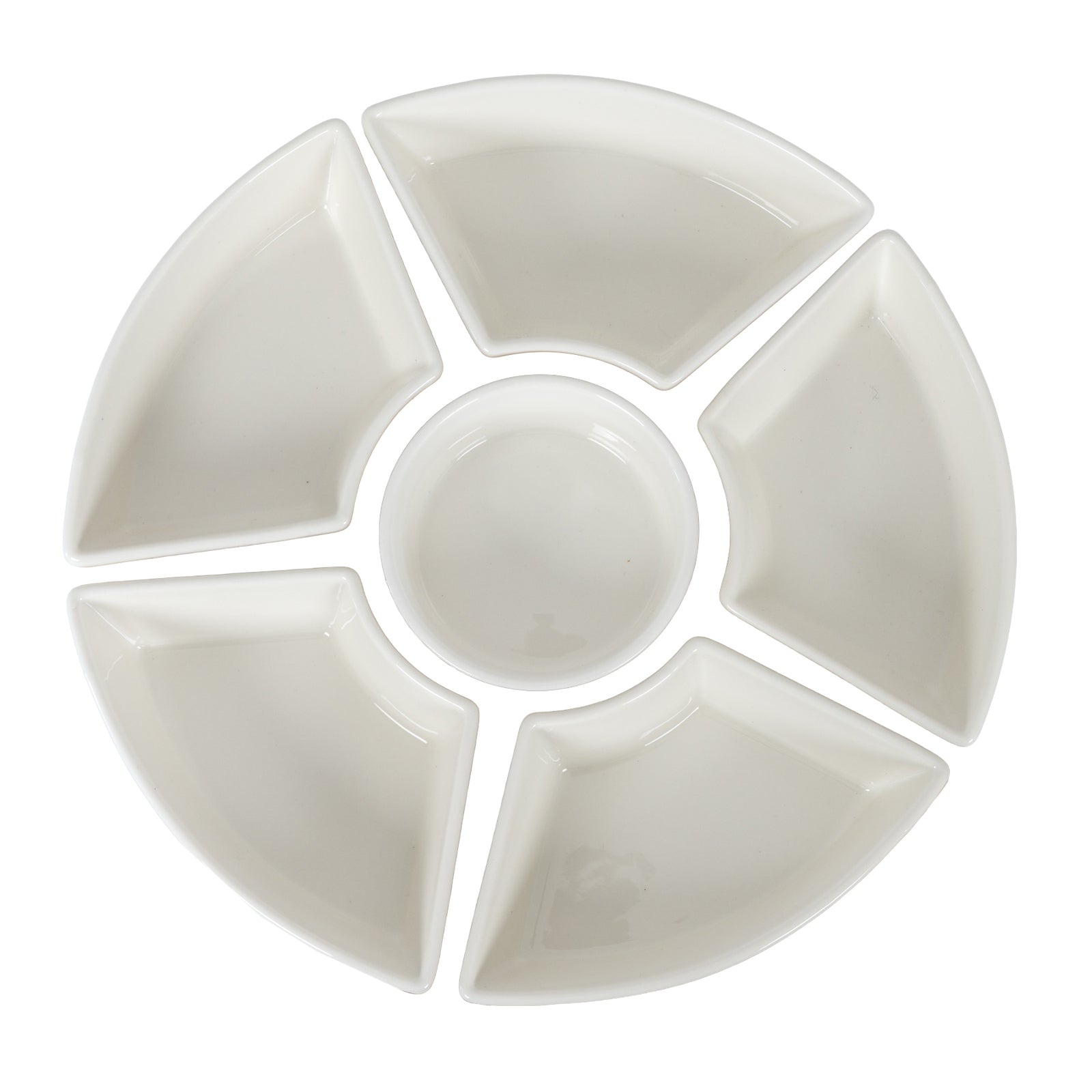 White ceramic dish with five compartments on a white background