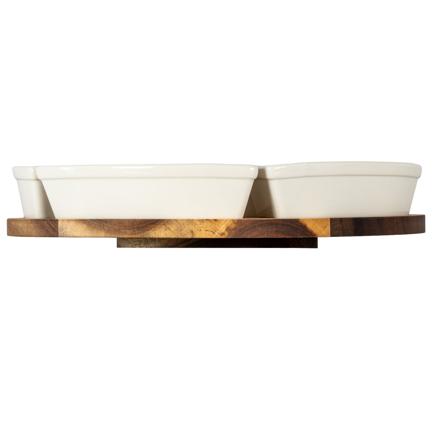 Two white ceramic bowls on a wooden stand with a white background