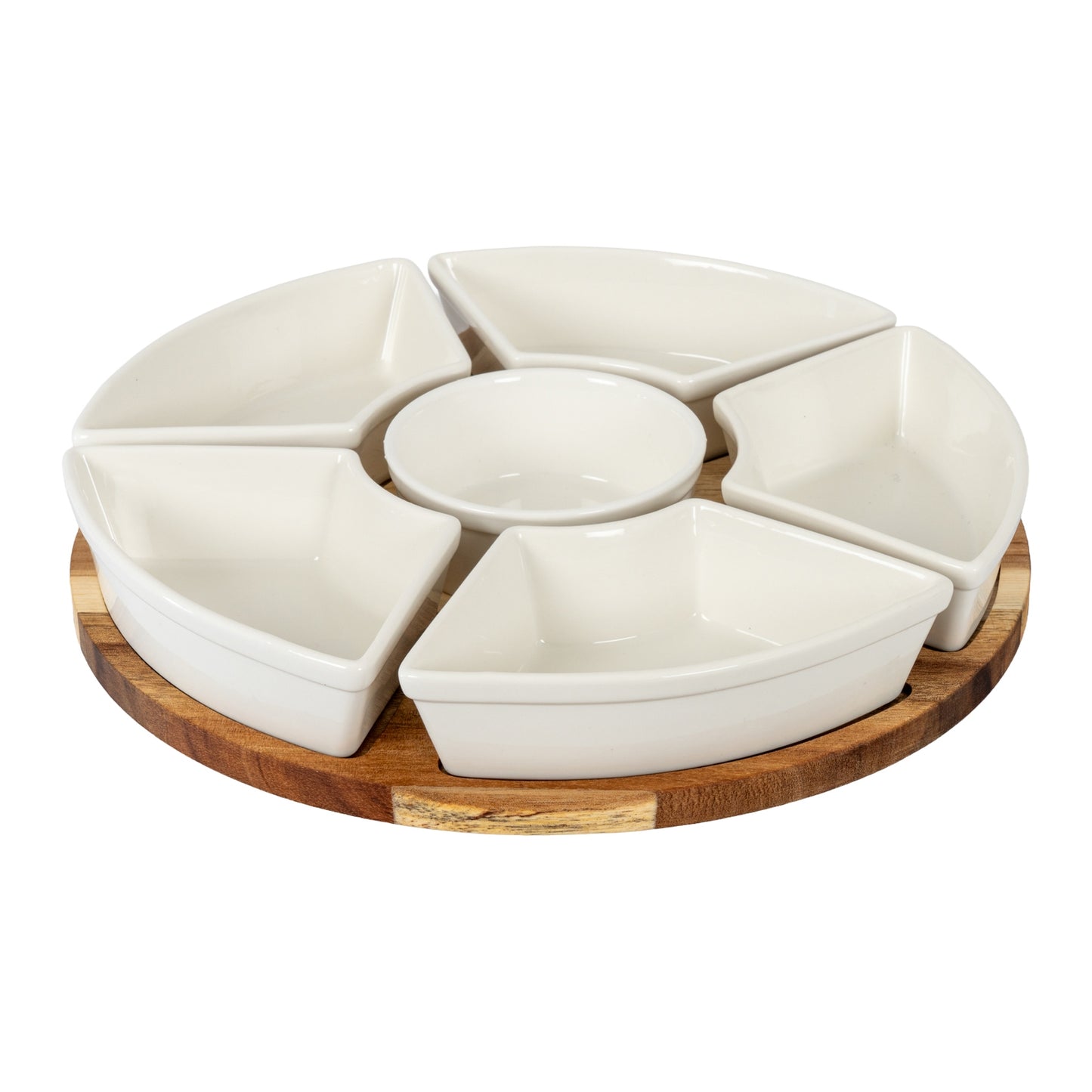 White ceramic appetizer set with wooden base on a white background