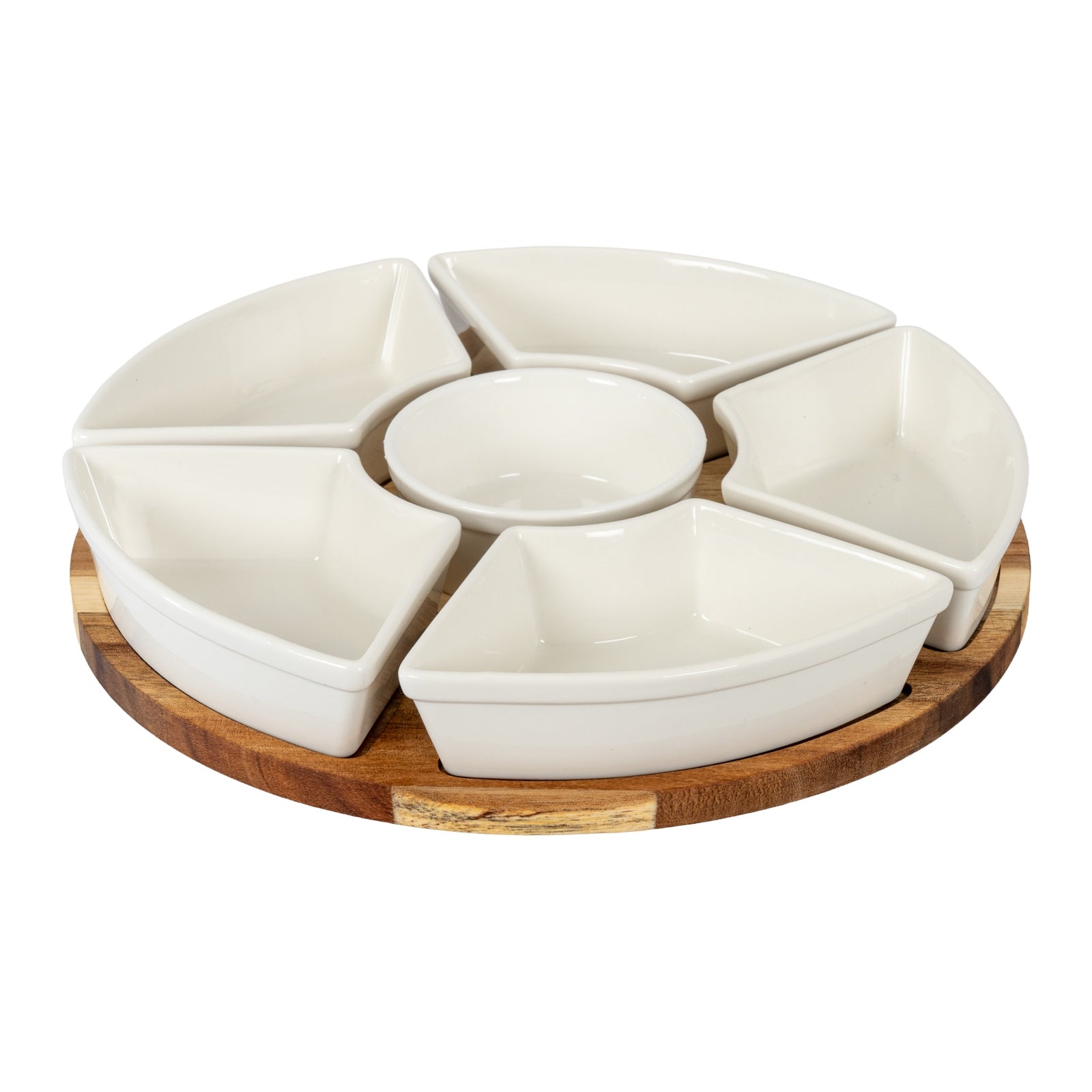 White ceramic appetizer set with wooden base on a white background