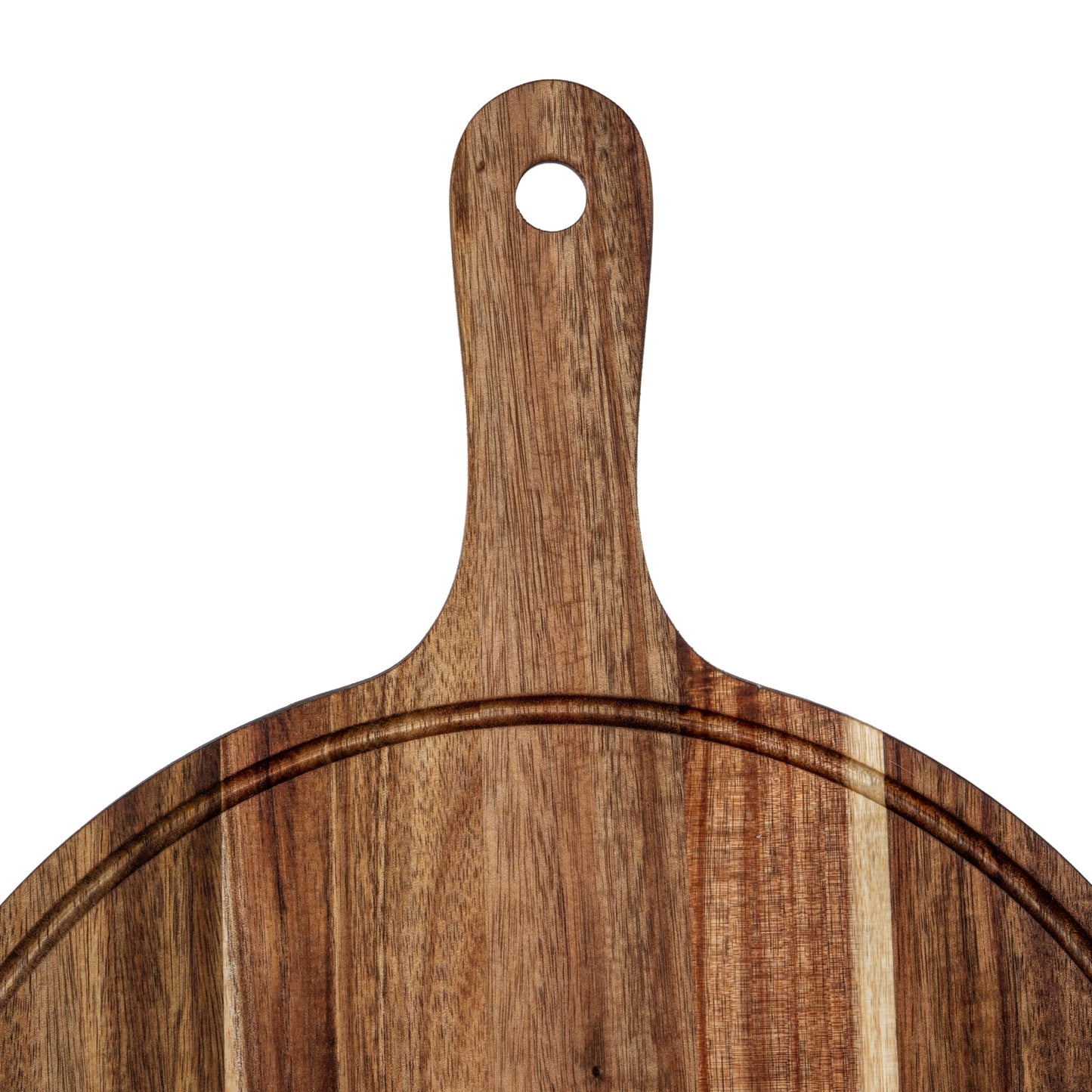 Wooden chopping board with handle on a white background