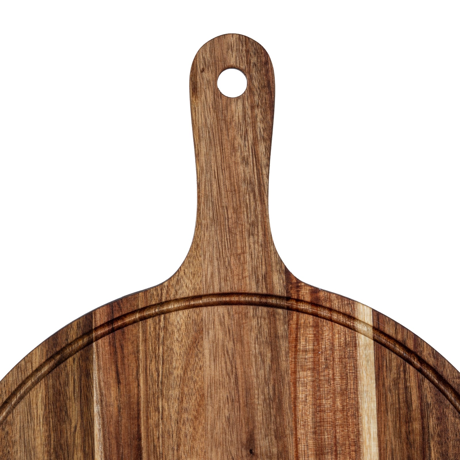 Wooden chopping board with handle on a white background