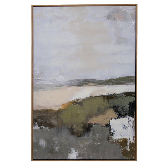 Abstract landscape painting with a neutral color palette on a white background