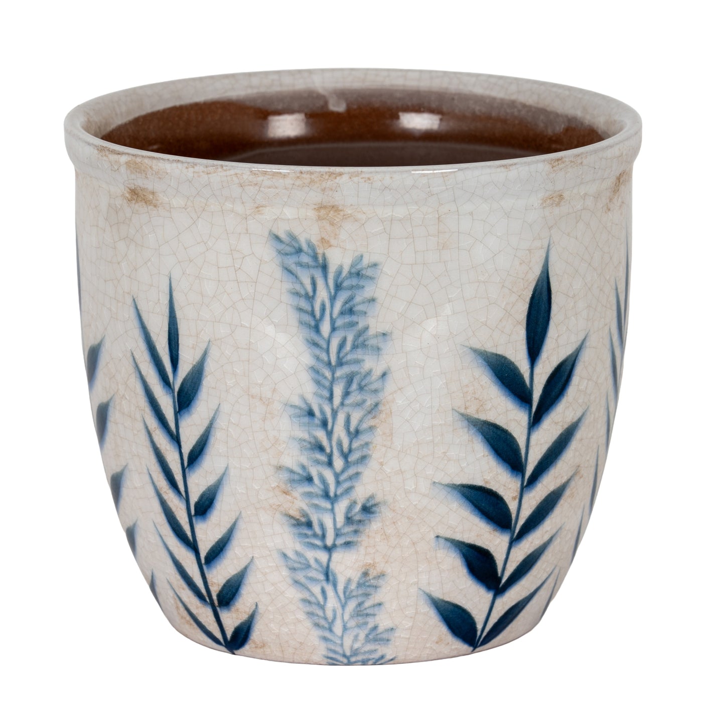 Ceramic cup with blue leaf patterns on a white background