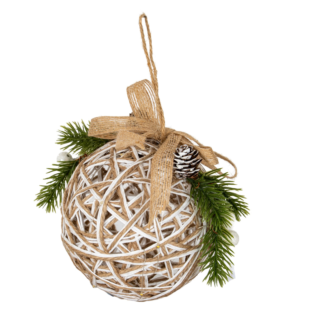 Decorative tree wicker bauble ornament with jute wrap, pine cones, and greenery on a white background