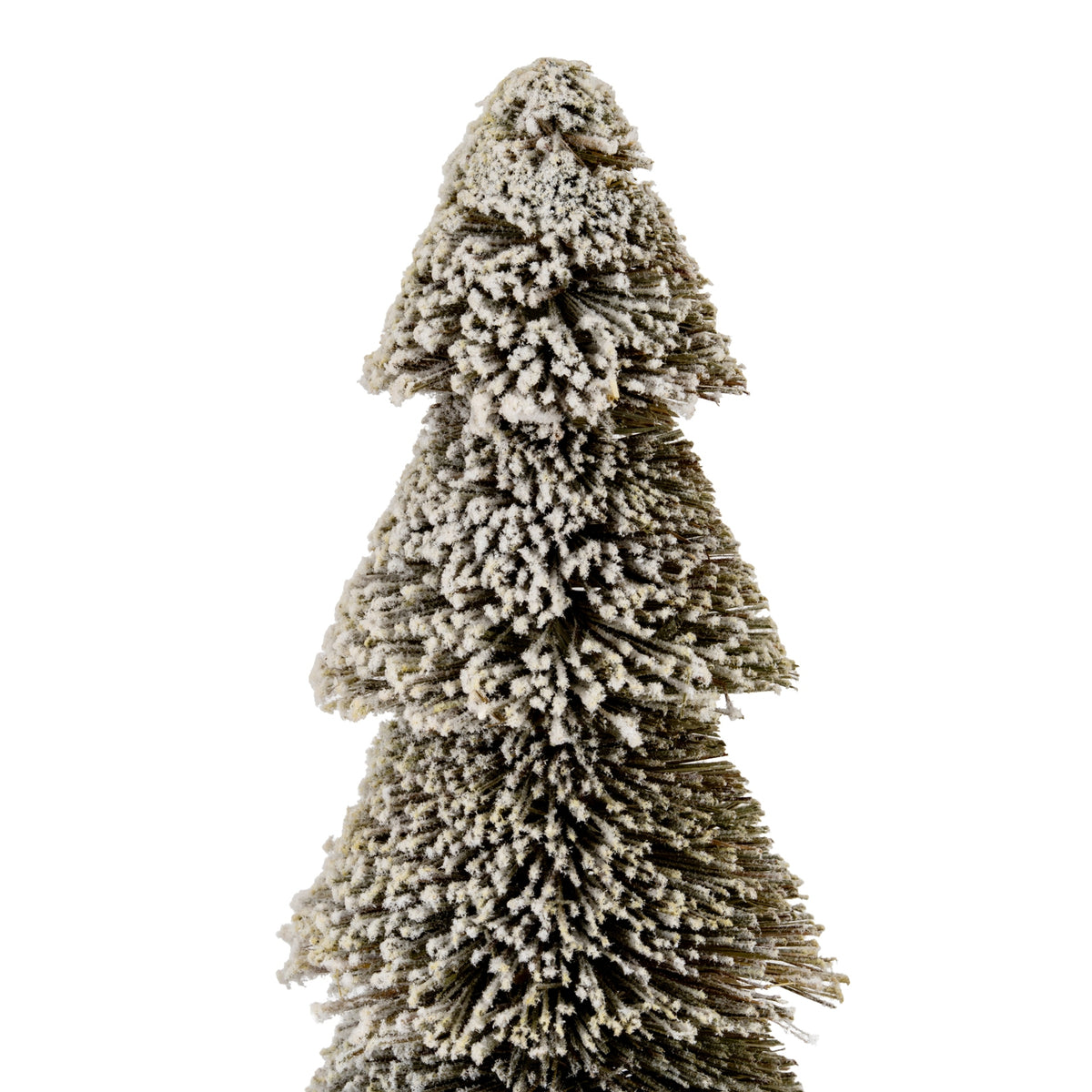 Close-up detail of densely flocked dark green brush tree tiers dusted with white snow-effect flocking