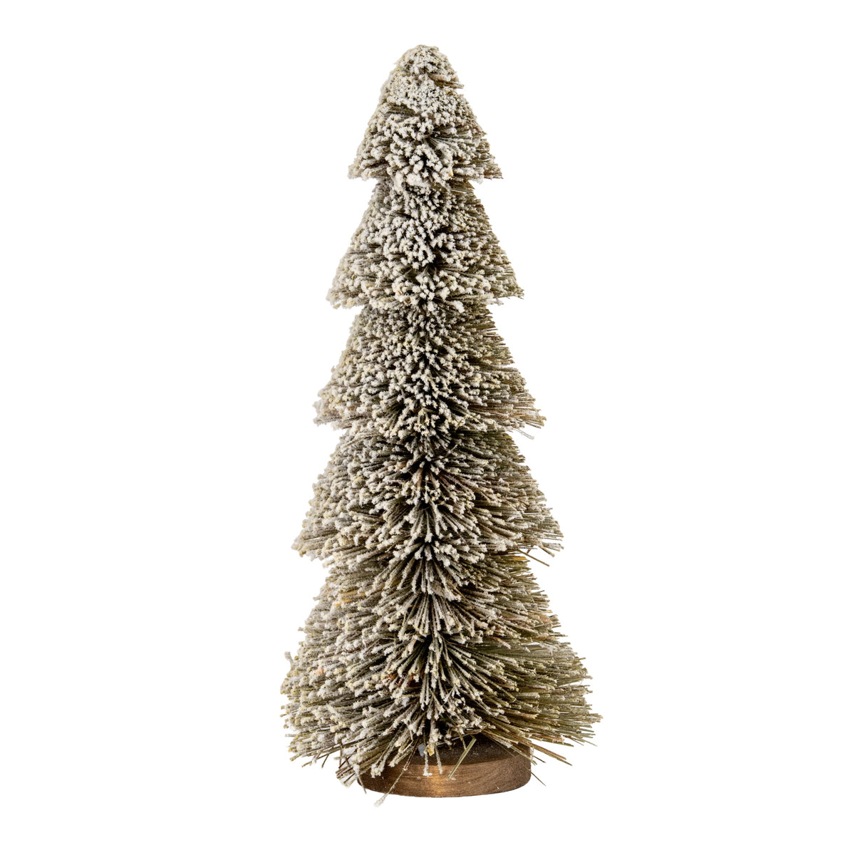 Large tiered snowy brush tree on white background showing full 38cm height and graduated tier silhouette with wooden base