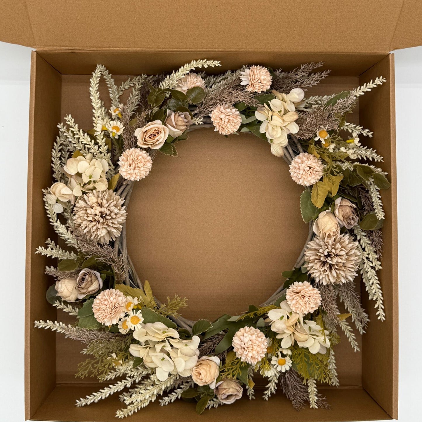 Ivory Fields Floral Wreath – Neutral Beige & Cream Wreath with Wheatgrass image 2