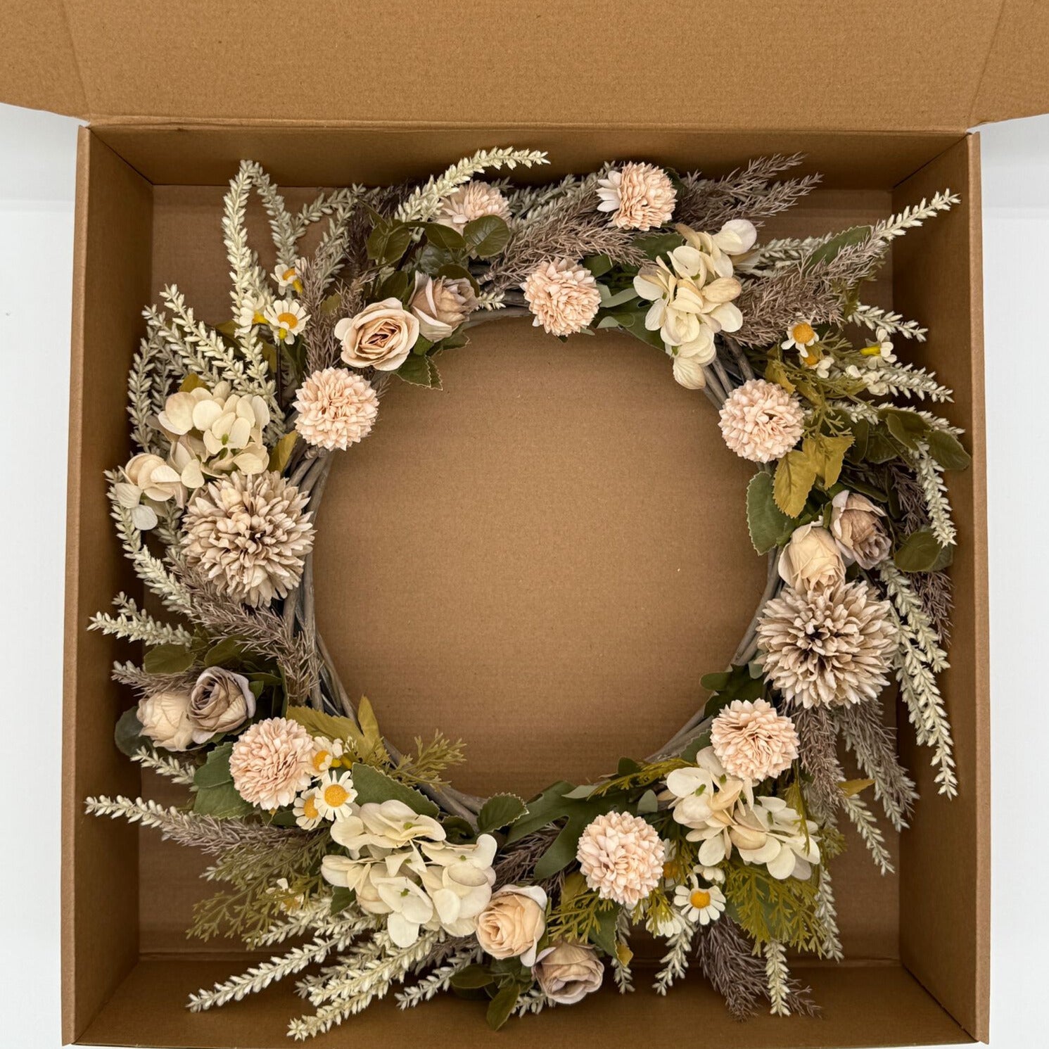 Ivory Fields Floral Wreath – Neutral Beige & Cream Wreath with Wheatgrass image 2