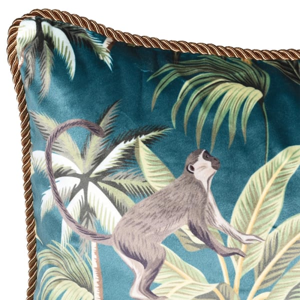 Emerald Green Luxury Tropical Monkeys & Palm Trees Cushion Cover image 1
