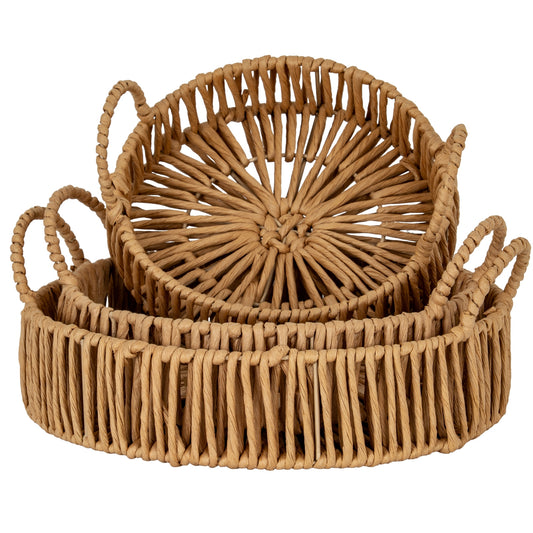 Set of 3 Round Rattan Circular Trays Large Loop Handle image 0