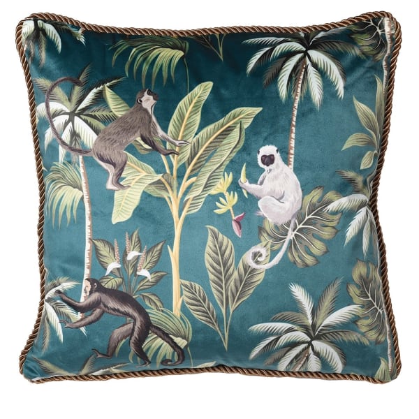 Emerald Green Luxury Tropical Monkeys & Palm Trees Cushion Cover image 0