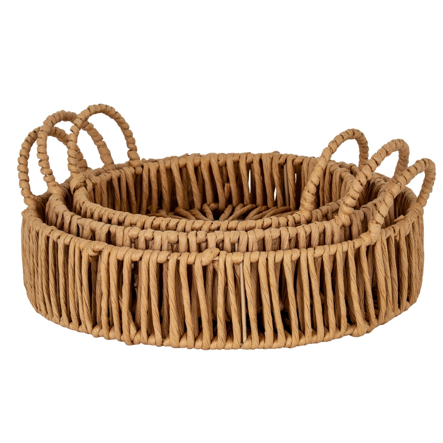 Set of 3 Round Rattan Circular Trays Large Loop Handle image 1