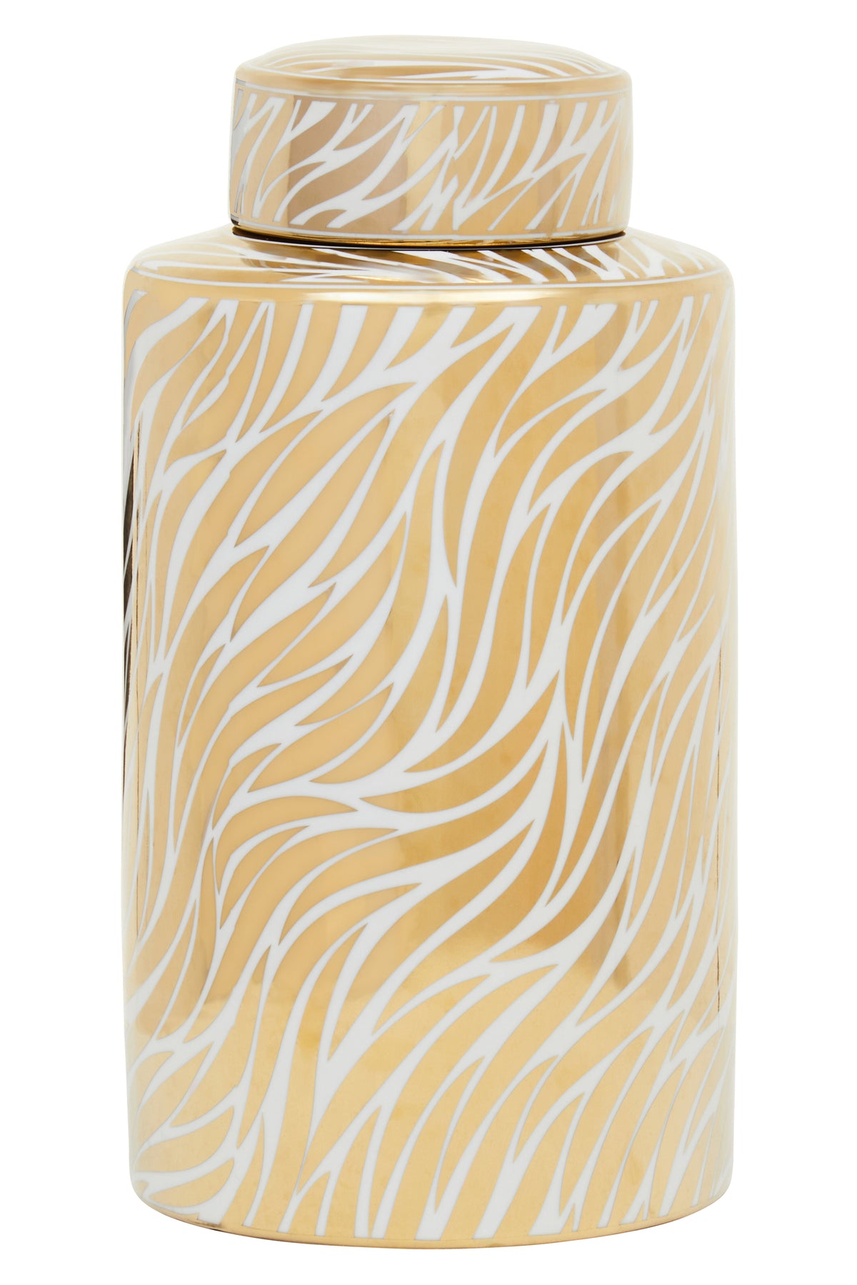 Full-length packshot of large white and gold porcelain jar with flowing wave pattern and fitted lid on white background.