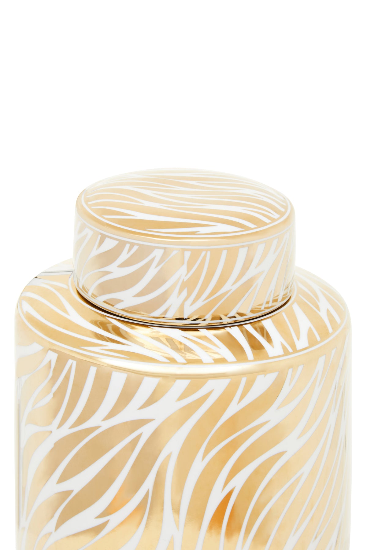 Close-up of the flat-top knob lid on a large gold and white ceramic jar showing wave detailing on white background.