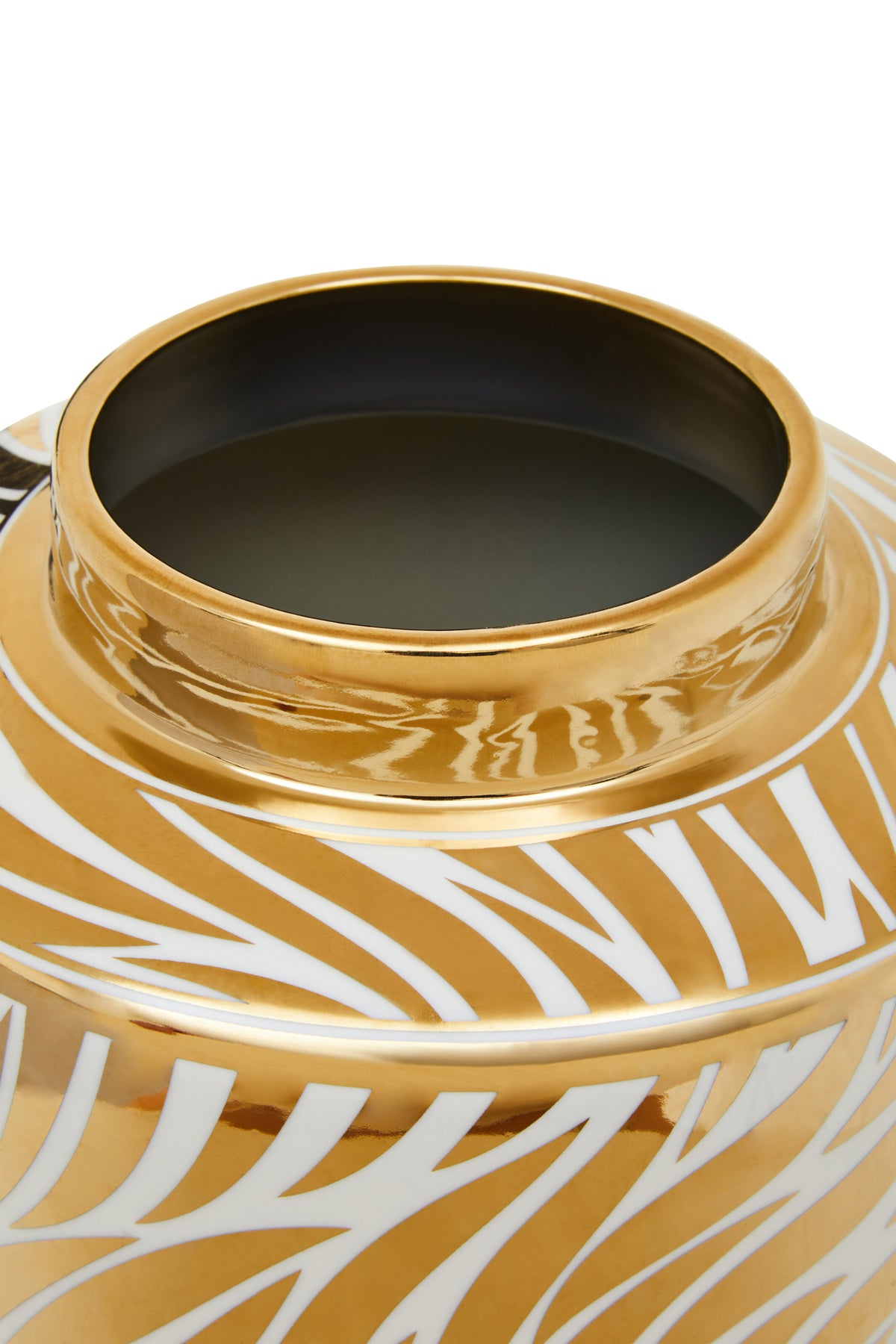 Interior view of a large gold and white porcelain jar with lid removed, showing gold rim and dark unglazed interior.