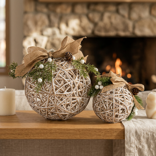 Two decorative woven rattan xmas baubles with burlap bows, evergreen sprigs, white berries, and pinecones, displayed on a wooden mantel in front of a blurred fireplace.