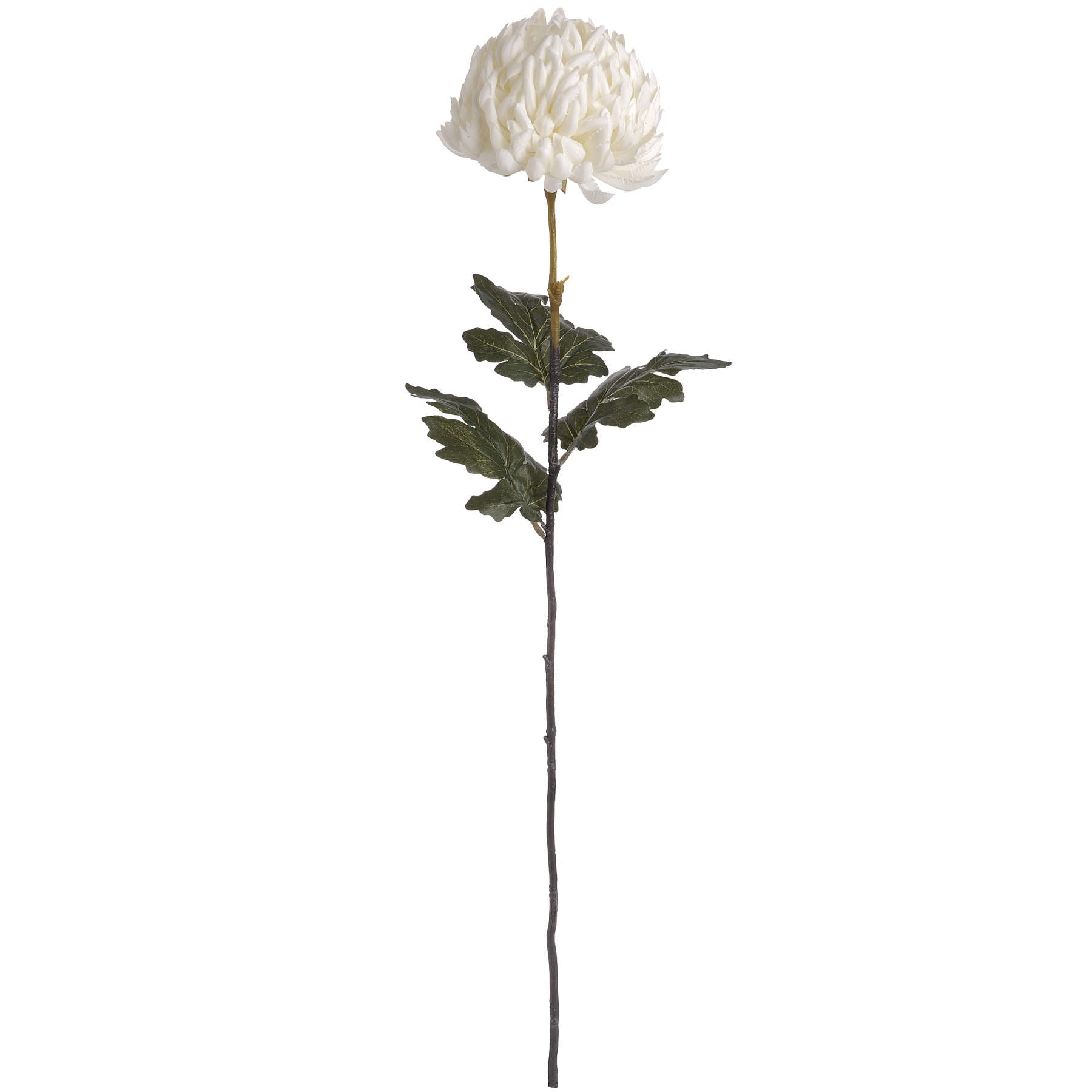 White artificial flower with green leaves on a white background